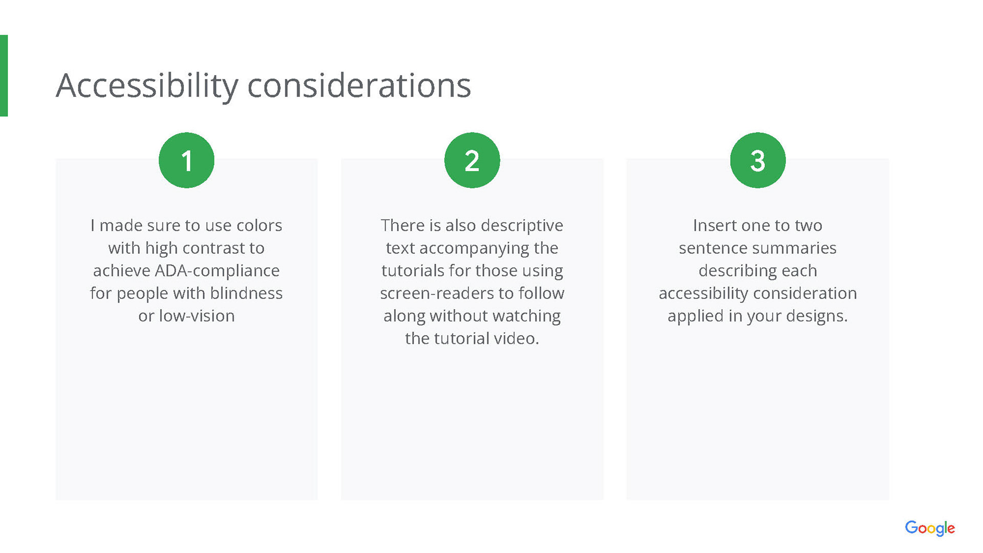 Accessibility considerations for Healthy Bites including contrast, descriptive text, and written summaries