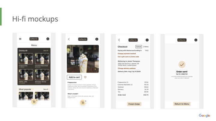 Coffee Co. high-fidelity mockups showing menu, product details, checkout, and confirmation screens