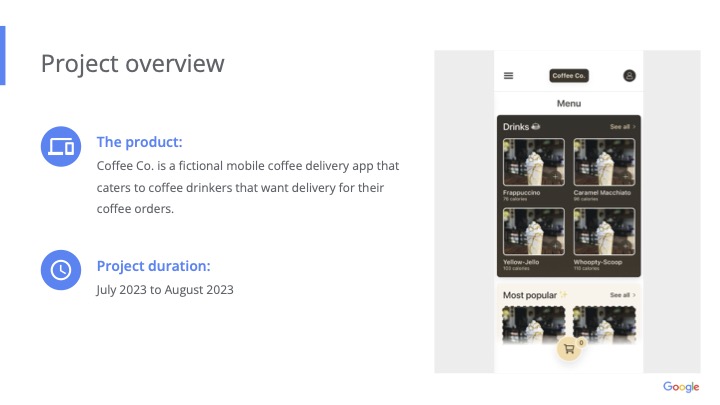 Coffee Co. project overview showing product description and project duration