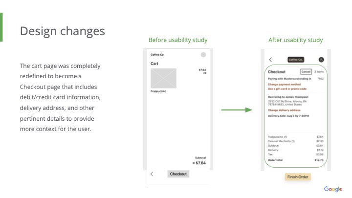 Coffee Co. before-and-after usability update showing cart screen redesigned as checkout
