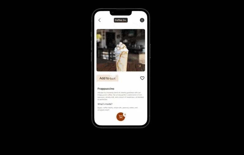 Coffee Co. prototype showing the mobile drink ordering flow