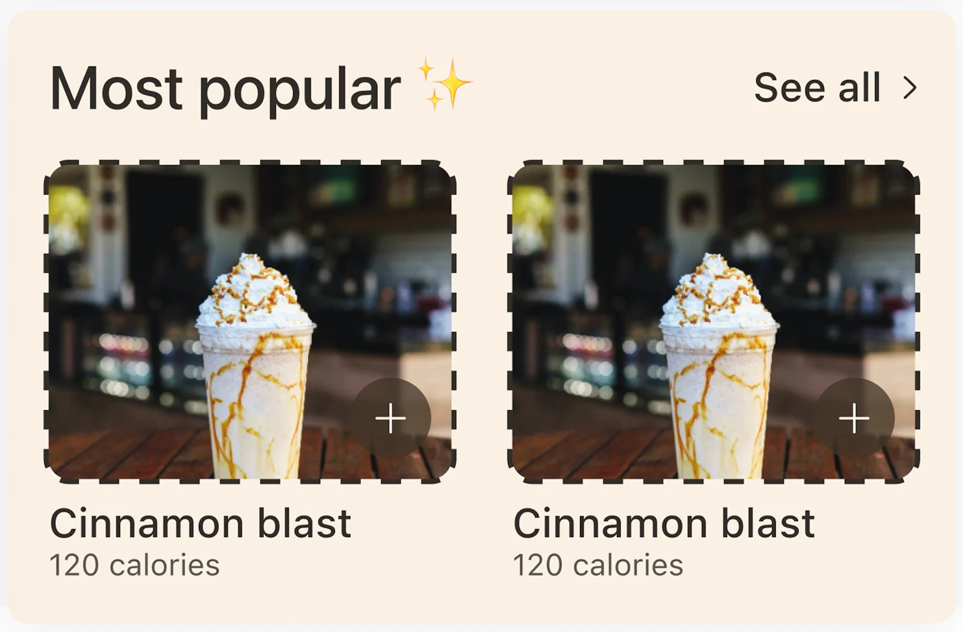 Coffee Co. most popular component with drink cards and add buttons