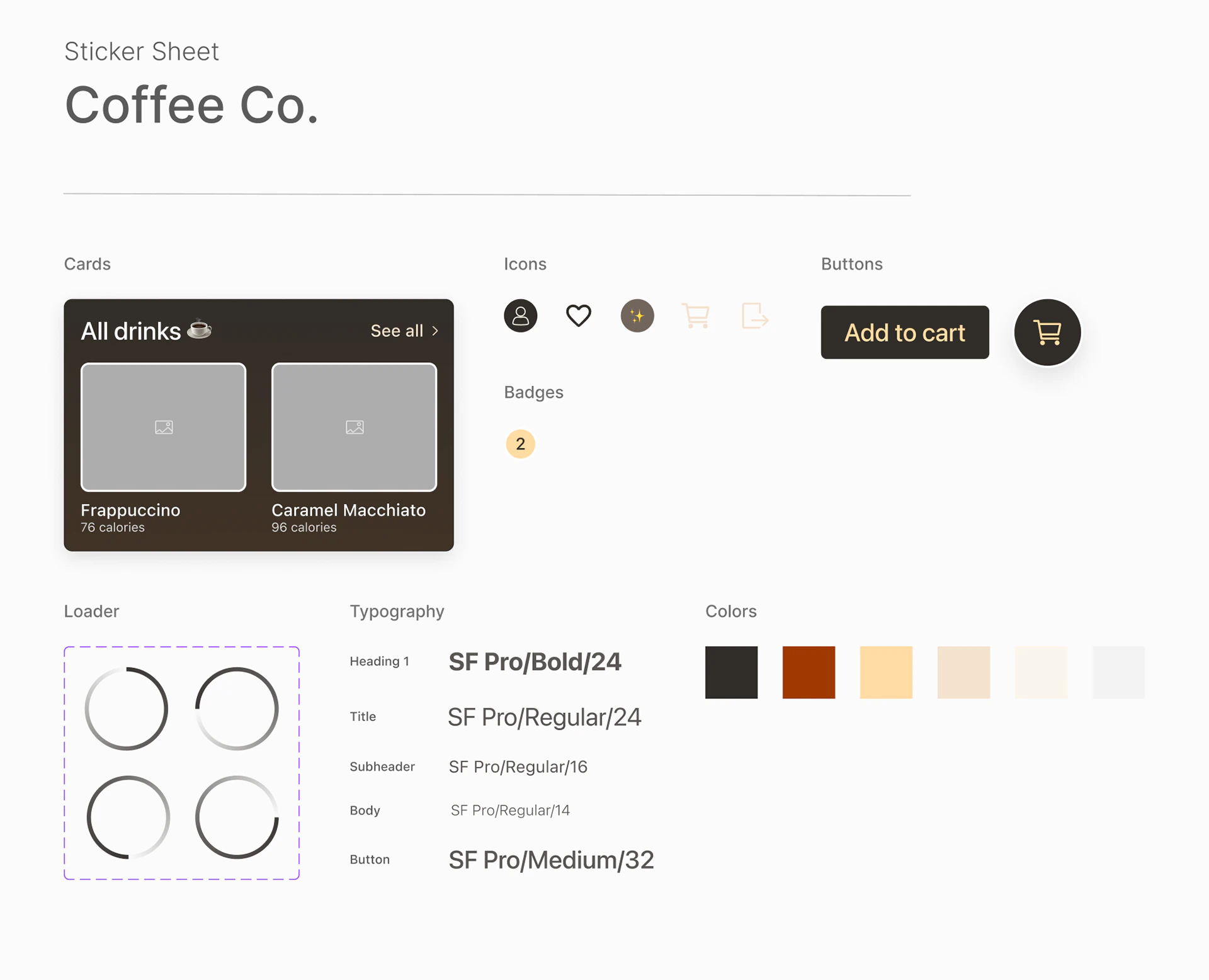 Coffee Co. sticker sheet with reusable cards, icons, buttons, typography, colors, and loaders