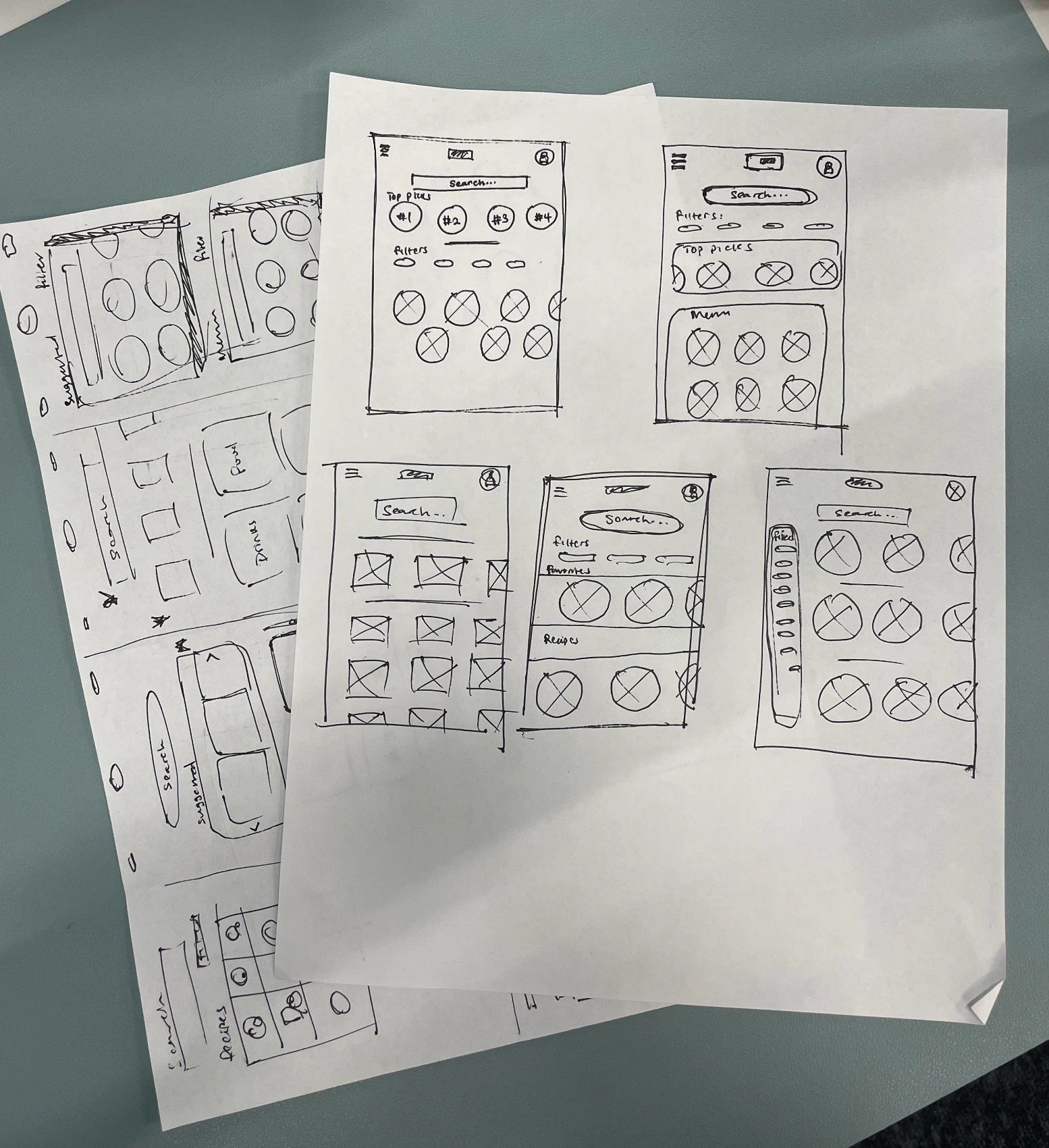 Hand-sketched wireframes for early Healthy Bites layout ideas
